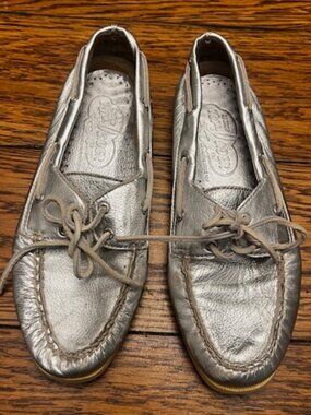 Sperry Top Sider Boat Shoes Women's 9.5 Silver Leather Lace Up Comfort, Ex Cond!